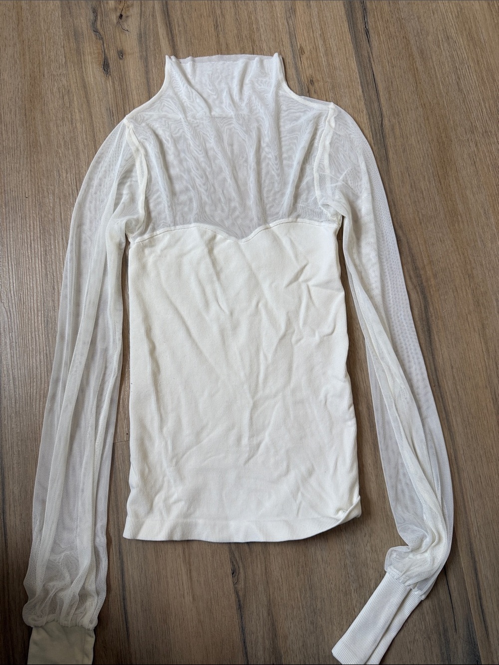 Free People Cream Sheer Yoke Long Sleeve Mock Neck Top